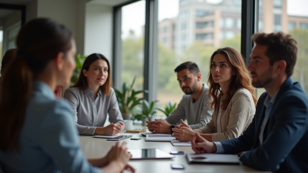 مجموعة من الناس تجلس معاً في بيئة عمل تعاونية، إضاءة طبيعية، أجواء إيجابية