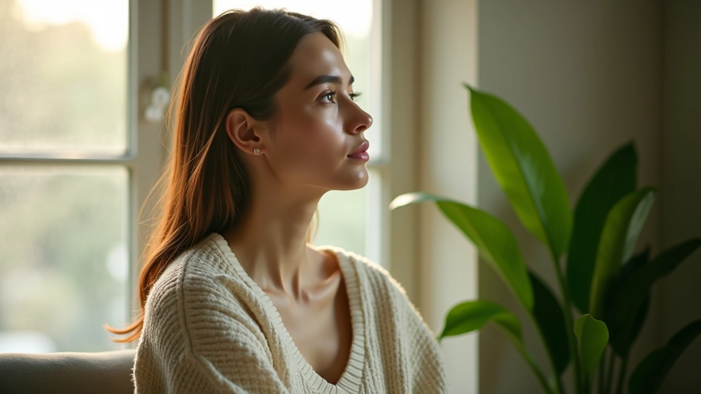 امرأة تجلس على نافذة بجوار نبات أخضر تنظر إلى الخارج بتأمل هادئ في يوم مشمس